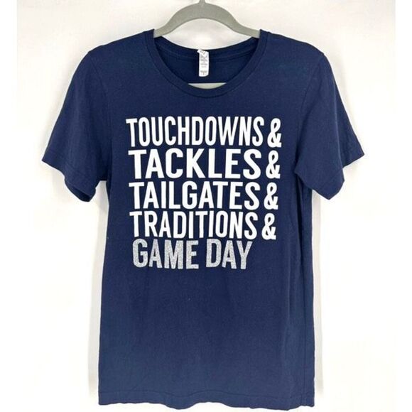Bella Canvas Football Tackles Touchdowns Tailgates Traditions blue Shirt Small - Picture 1 of 8